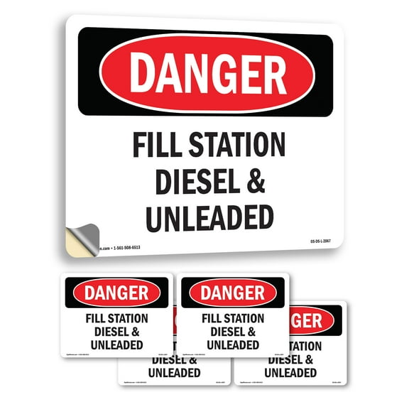 Fill Station Diesel And Unleaded OSHA Danger Vinyl Decal Label 5 Inch x 3.5 Inch - 5 Pack