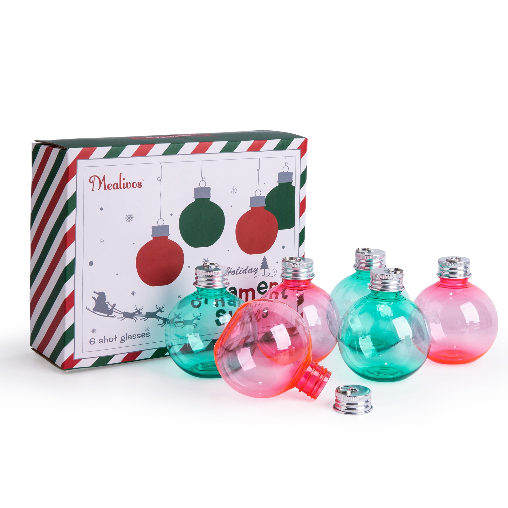 Fillable Christmas Ornament Balls for Drinks, 5 oz Plastic Bulb Ornaments, 6 Pack Hanging Tree Decor for Holiday Gifts and Stocking Stuffers