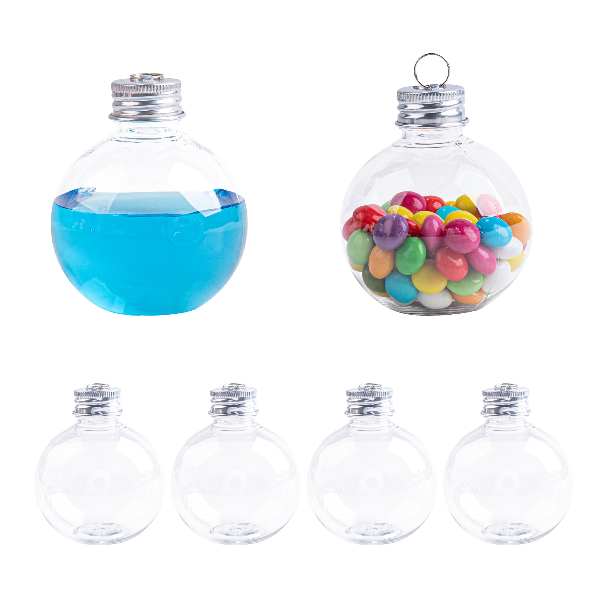 Fillable Christmas Ornament Balls for Drinks, 5 oz Plastic Bulb Ornaments, 6 Pack Hanging Tree Decor for Holiday Parties and Stocking Stuffers