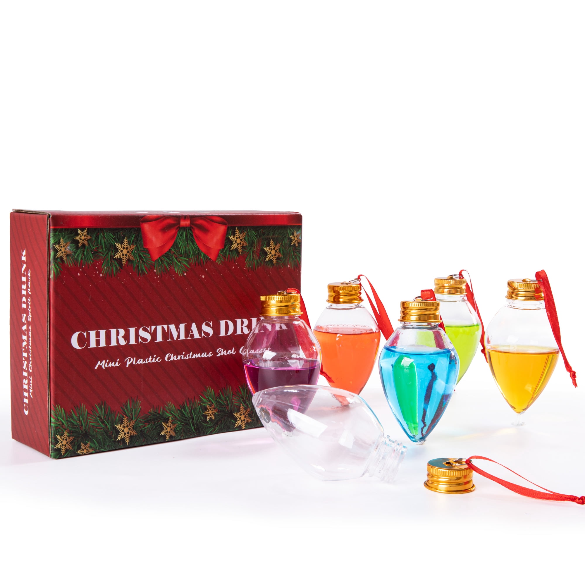 Fillable Christmas Ornament Drink Balls, 50 ml Reusable Clear Plastic Shot Glass Ornaments, Drop Shape Hanging Decorations, 6 Pack
