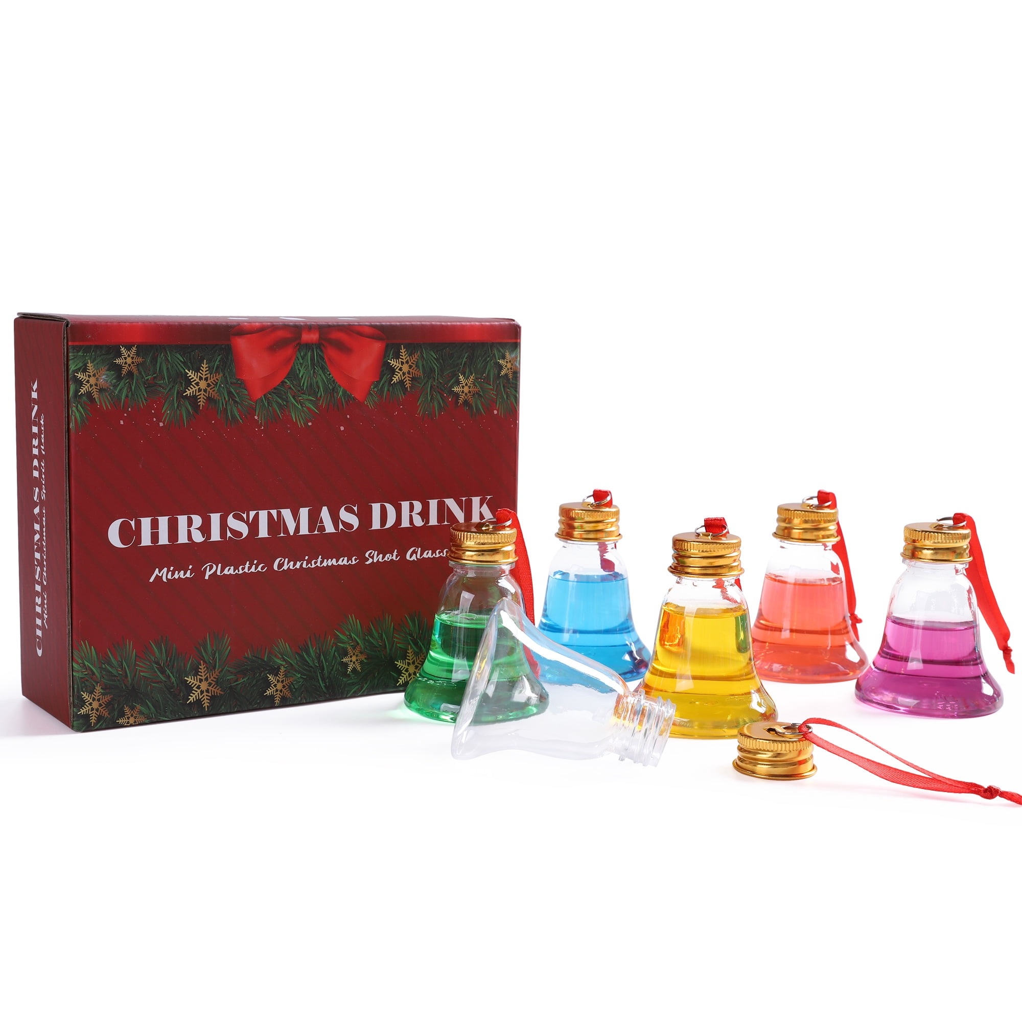Fillable Christmas Ornament Drink Balls, 50ml Reusable Plastic Bell-Shaped Ornaments, 6-Piece Set for Tree Hanging and Holiday Decorating
