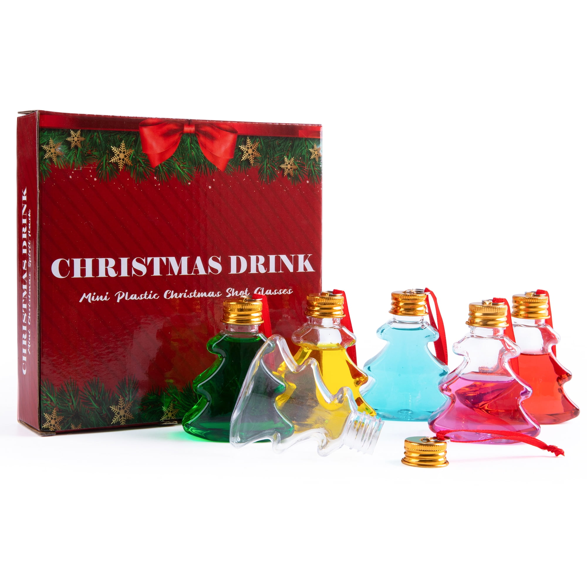 Fillable Christmas Ornament Drink Balls, 50ml Reusable Plastic Tree-Shape Baubles for Hanging Holiday Decor, 6 Pack
