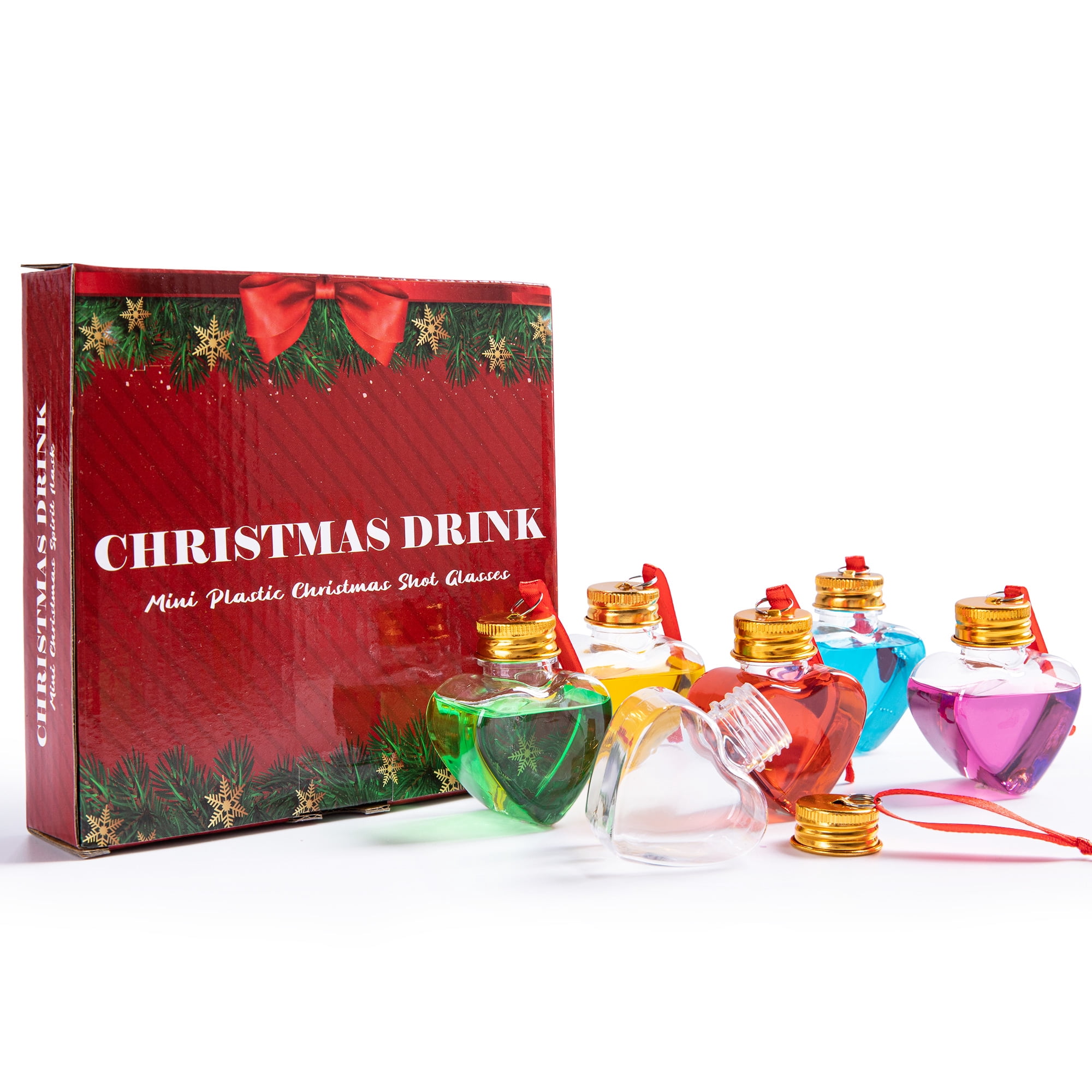 Fillable Christmas Ornament Drink Balls, 6-Pack 50ml Clear Plastic Heart-Shaped Hanging Decorations for White Elephant and Holiday Trees