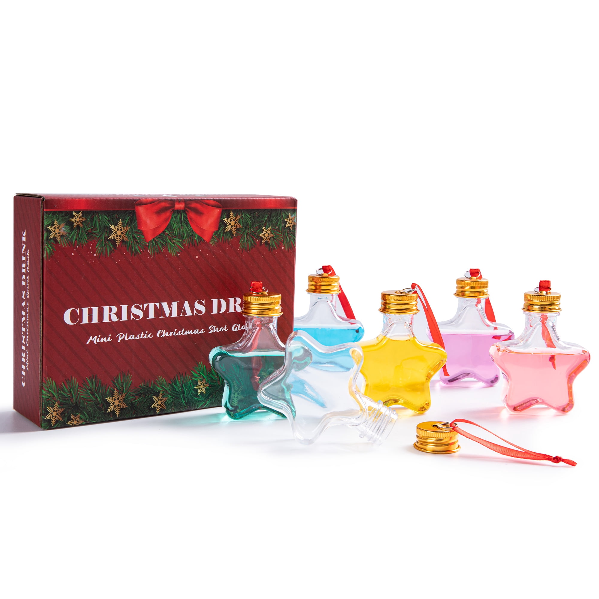 Fillable Christmas Ornament Drink Balls, 6-Pack 50ml Clear Plastic Star-Shaped Hanging Decorations for Holiday Trees and White Elephant Gifts