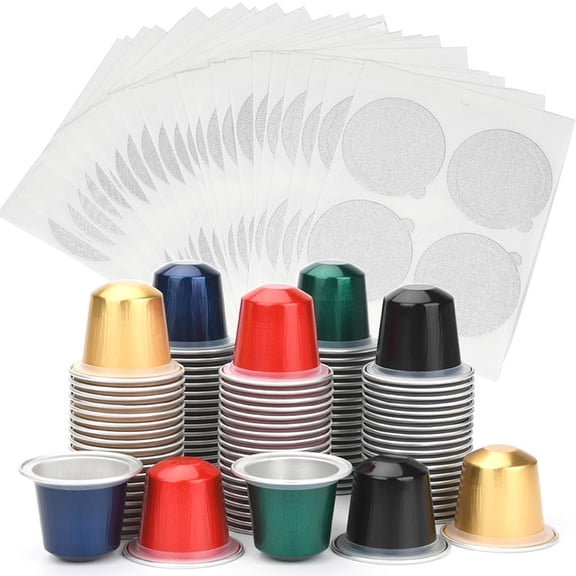 Fillable Empty Aluminum Foil Capsules Coffee Pods Compatible,Make Own Espresso Coffee Cups Filters (100 Pods+100 Lids)