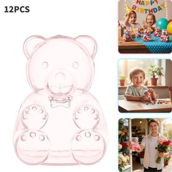 Fillable Gummy Bear Containers 12 Pack, Giant Clear Plastic Teddy Bear Candy Holders, Reusable Gift Boxes for Valentine's Day Gifts & Party Favors(Pink)