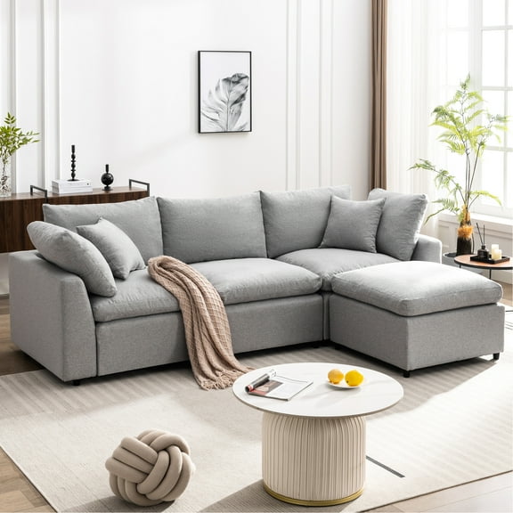 Down Filled Reversible Chaise Couch - Ustyle Sectional, Feather Cushions, Modular, Zippered, Sloped Armrest, Gray Sectional With Filled, Feather-filled Zipper Closure, Upholstery
