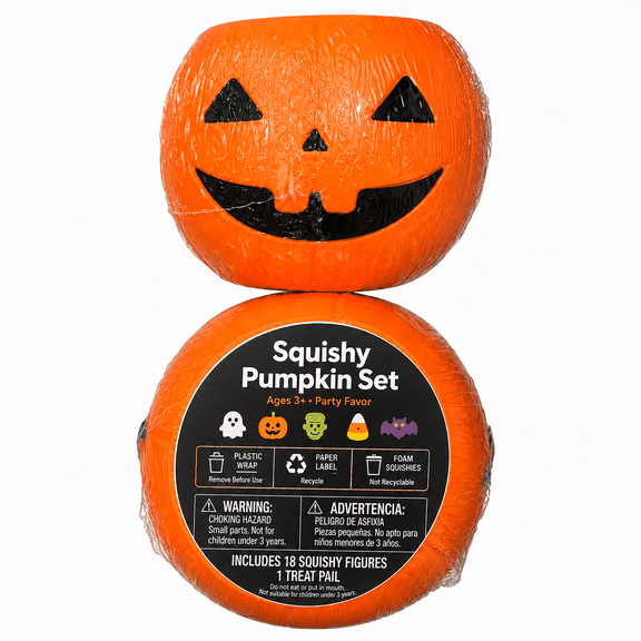 Filled Squishy Pumpkin Pail with Mini Squishies, Halloween Pumpkin Filled with Squishies, Squishy Filled Mini Pumpkin Pails, Filled Squishy Pumpkin Party Favor Set