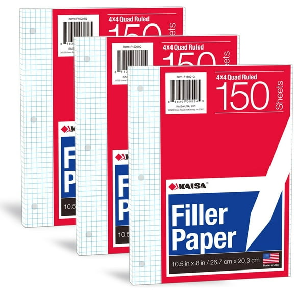 Filler Paper, 8"x10.5" 4x4 Graph/Quad Rule Filler Paper 3-Hole Punched 1/4inch Grid Paper Loose-Leaf Paper for 3-Ring Binders,150sheet/pack, 3pack F15001Q