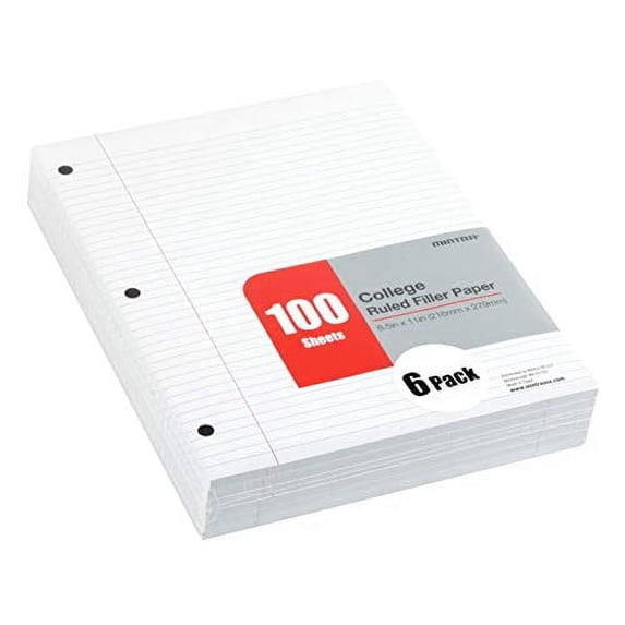 Filler Paper 600 Sheets (6pks of 100) - College Ruled (8.5in x 11in) - 3 Hole Punched for Ring Binders
