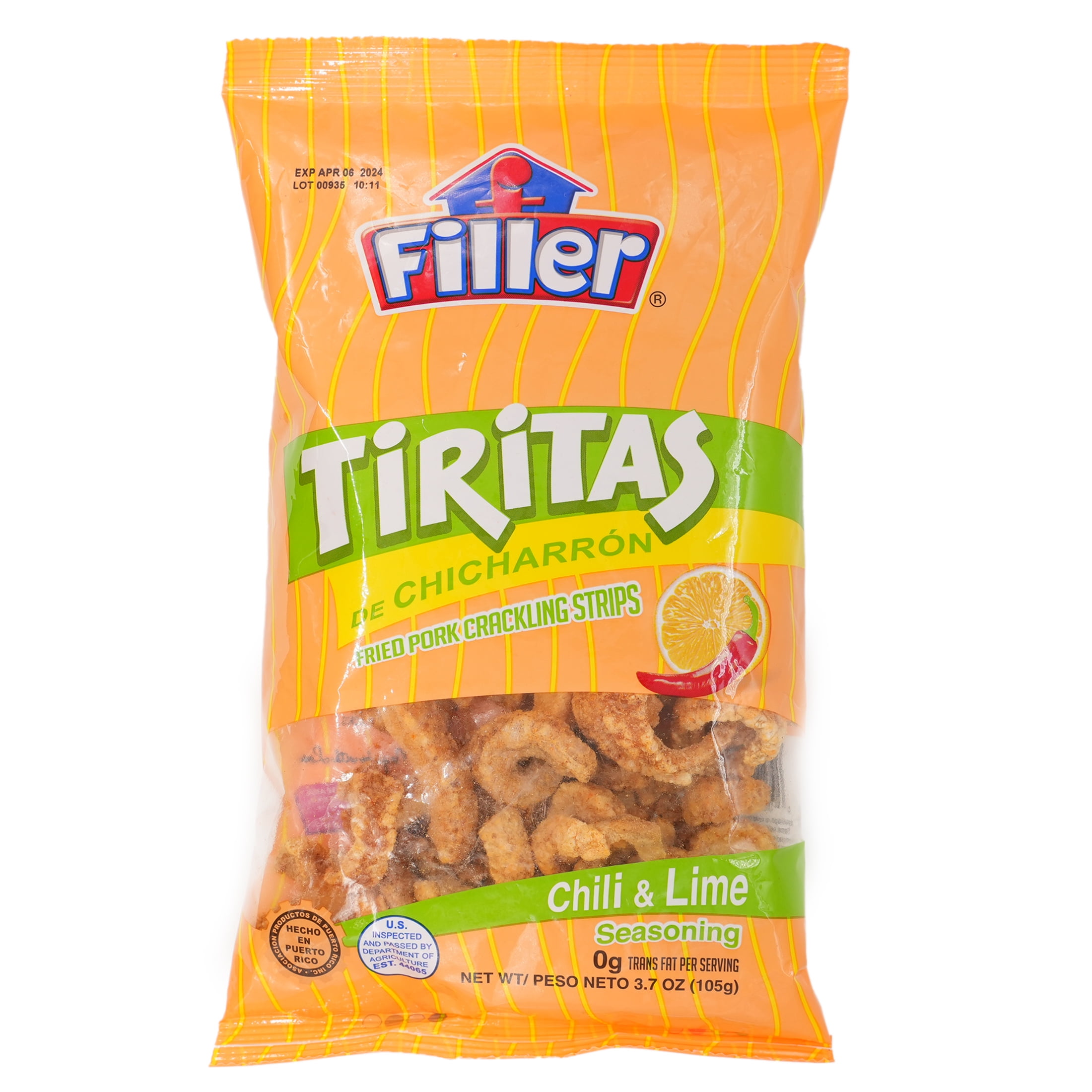 Filler Tiritas Fried Pork Crackling Strips, Chili & Lime Seasoned, 3.7 oz. Plastic Bag