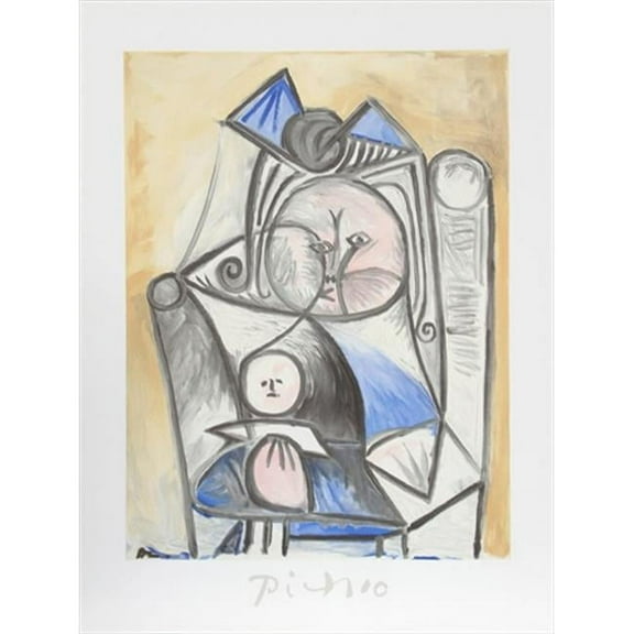 Fillette a la Poupee - Blue-Gray-Yellow - Lithograph on Paper 29 In. x 22 In.