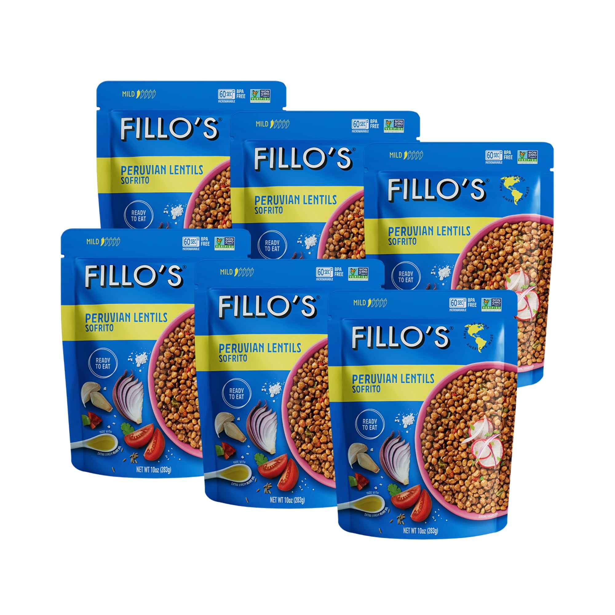 Fillo's Peruvian Lentils - Ready to AIS1 Eat Lentils, Gluten-Free, Preservative-Free, Microwavable Meals, Non-GMO, Vegan, Plant Protein, 10 oz Pk of 6