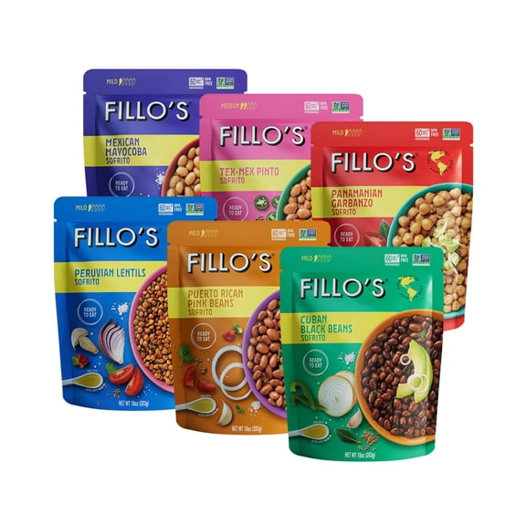 Fillo's Ready to Eat Variety Pack | Black Beans, Lentils, Pinto Beans, Mayocoba Beans | Gluten-Free, Preservative-Free, Microwavable Meals, Non-GMO, Vegan, Plant Protein, 10 oz Pk of 6