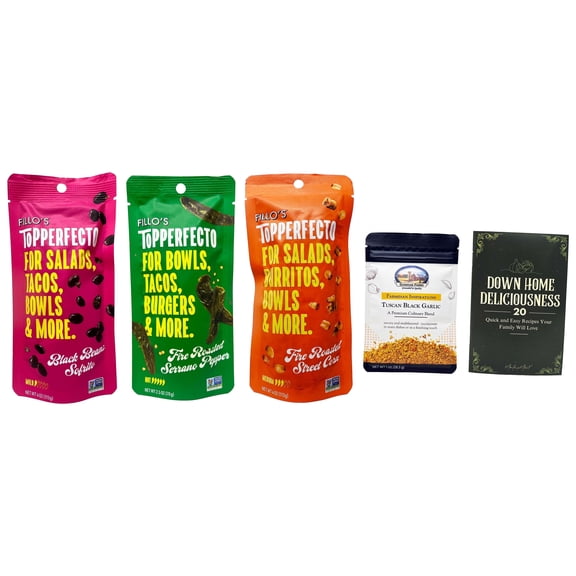 Topperfecto Toppers for Salad, Bowl, Taco - 3 flavors - 1 each: Black Beans Sofrito, Street Corn, Serrano Pepper (2.5-4 oz.) | Shawhan Farms Parmesan + MerlinsMart Zine | Fillo's