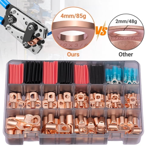 Filluck 220PCS Wire Connectors Kit, Heavy Duty Copper Wire Lugs AWG 2 4 6 8 10 12 with Heat Shrink Tubing, Ring Battery Terminal Connectors for Automotive, RV, Marine, Solar Systems