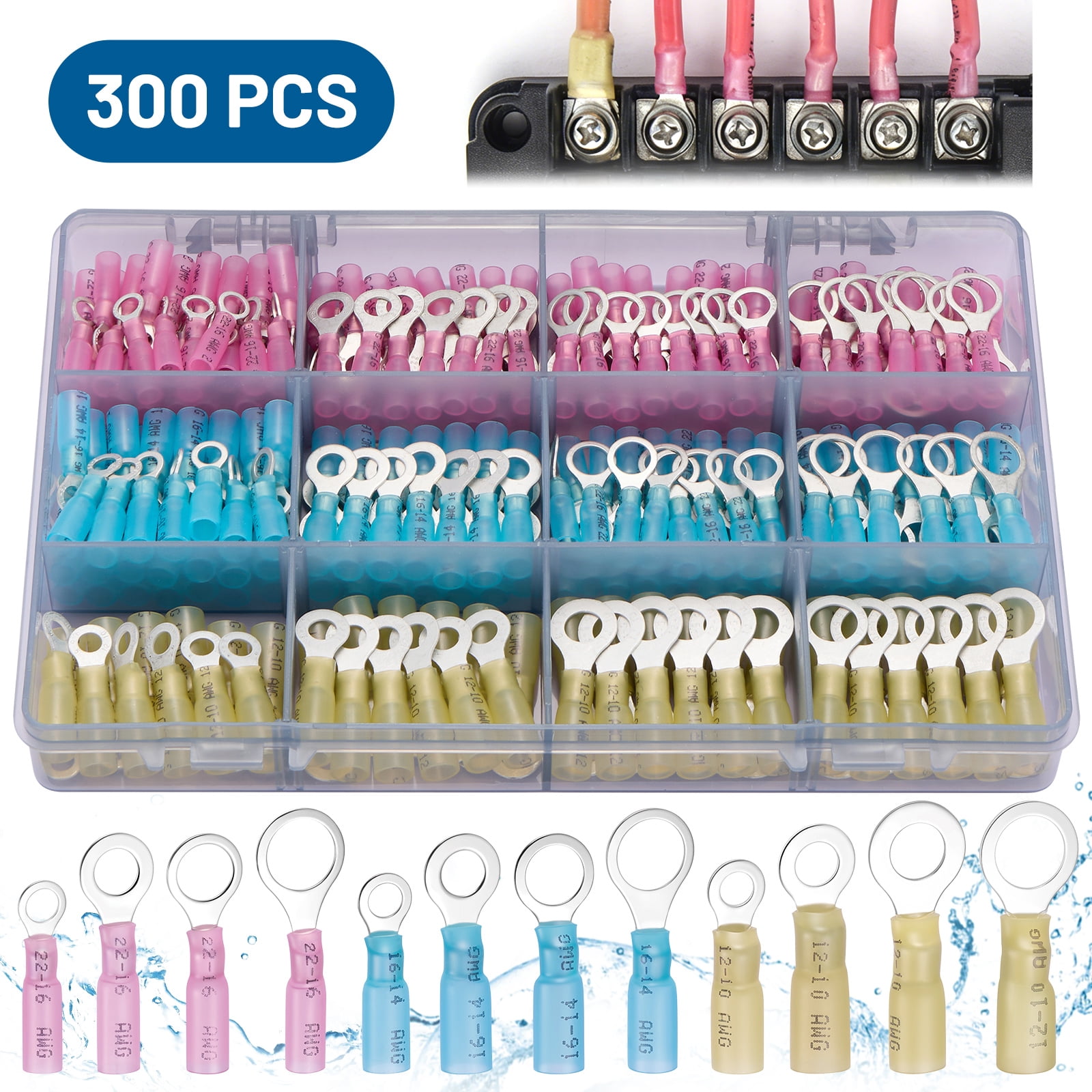 Filluck 300PCS Heat Shrink Ring Terminals, AWG 22-10 Heat Shrink Wire Connectors, Marine Grade Tinned Red Copper, Electrical Waterproof Insulated Ring Terminals Kit for Industrial, Automotive, Boat