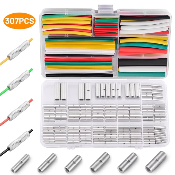 Filluck 307Pcs Non Insulated Butt Connectors Kit, 22-6 Gauge Butt Splice with Heat Shrink Wire Connectors, Storage Case Barrel Connector for Auto Repair, Electrical Appliances DIY, Boats