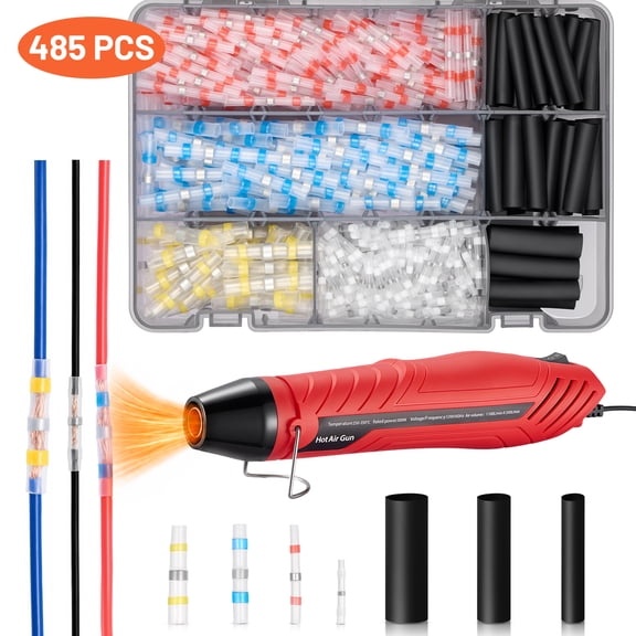 Filluck 485 PCS Heat Shrink Solder Seal Wire Connectors with Heat Gun Kit, 10-26 AWG Waterproof Butt Splice Connectors for Automotive Marine and Wiring Repair