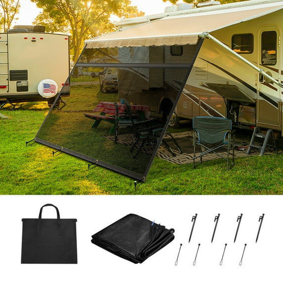 Filluck RV Awning Shade Screen 87% UV Block, Cool Breeze, Zip Adjustable Privacy Mesh, Durable Universal Trailer Camper RV Awning Screen with Complete Kits 9*19FT