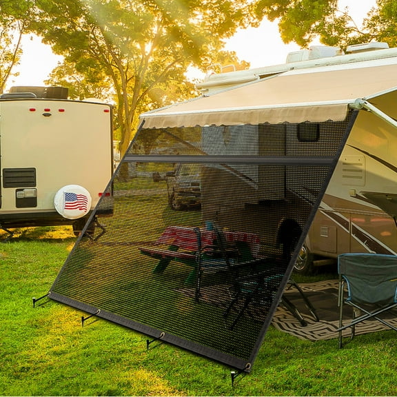 Filluck Black RV Awning Shade Screen 87% UV Block, Cool Breeze, Zip Adjustable Privacy Mesh, Durable Universal Trailer Camper RV Awning Screen with Complete Kits 9*15FT