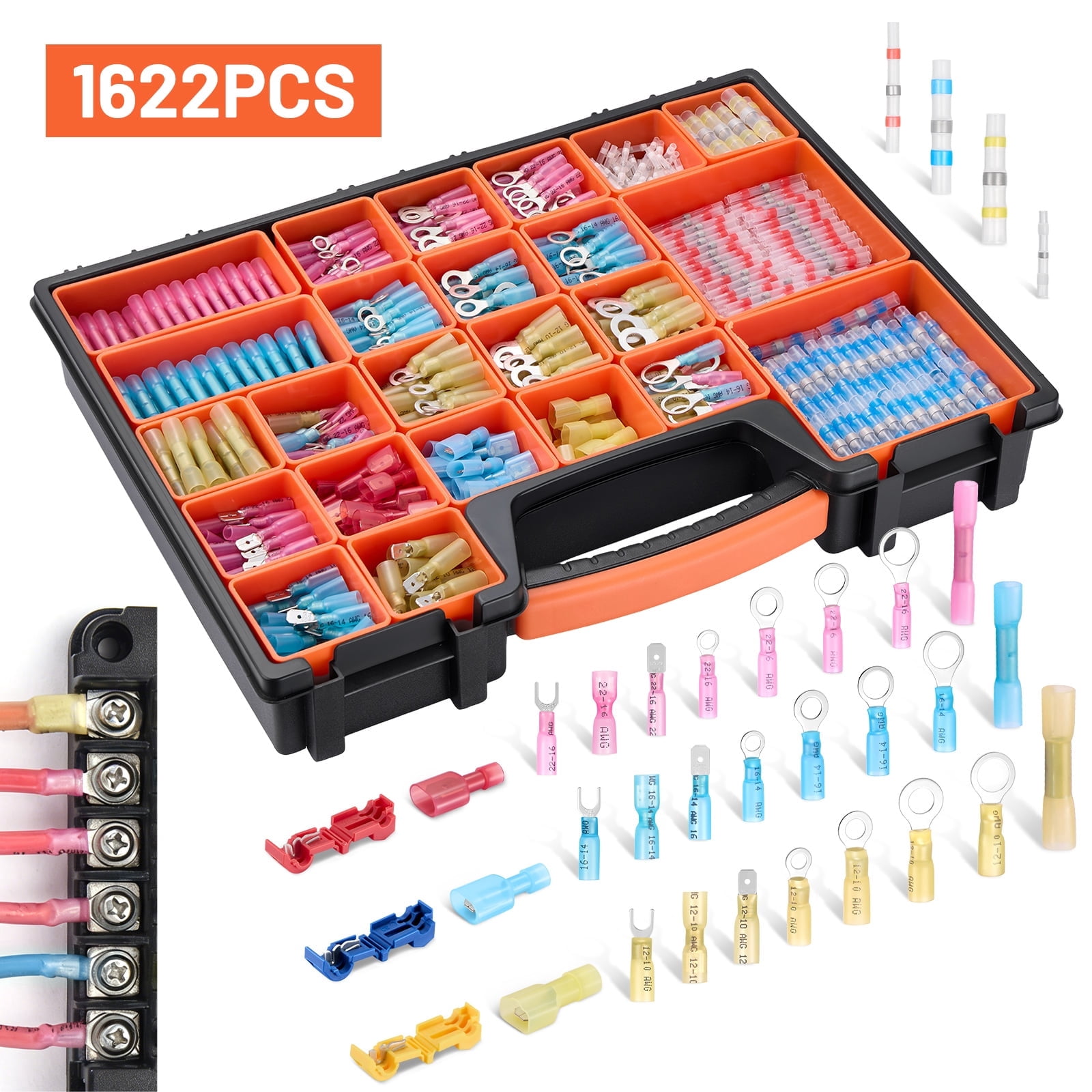 Filluck 1622PCS Ultimate Heat Shrink Wire Connectors Kit, Waterproof Electrical Spade Connectors, Insulated Crimp Ring Fork Spade Terminal T-Tap Solder Butt Splice Connector for Marine Boat Auto
