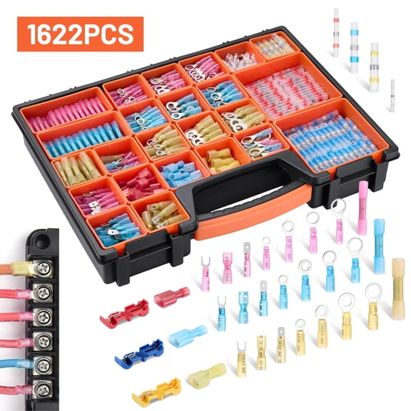 Filluck 1622PCS Ultimate Heat Shrink Wire Connectors Kit, Waterproof Electrical Spade Connectors, Insulated Crimp Ring Fork Spade Terminal T-Tap Solder Butt Splice Connector for Marine Boat Auto