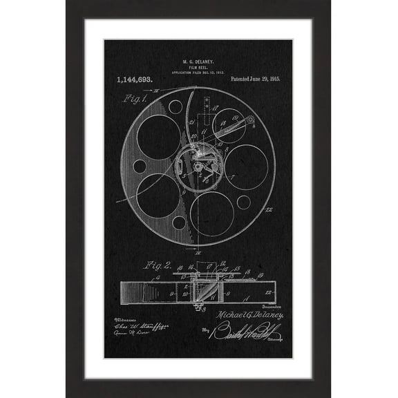 "Film Reel 1915 Black Paper" Framed Painting Art Print, 12" x 1.5"