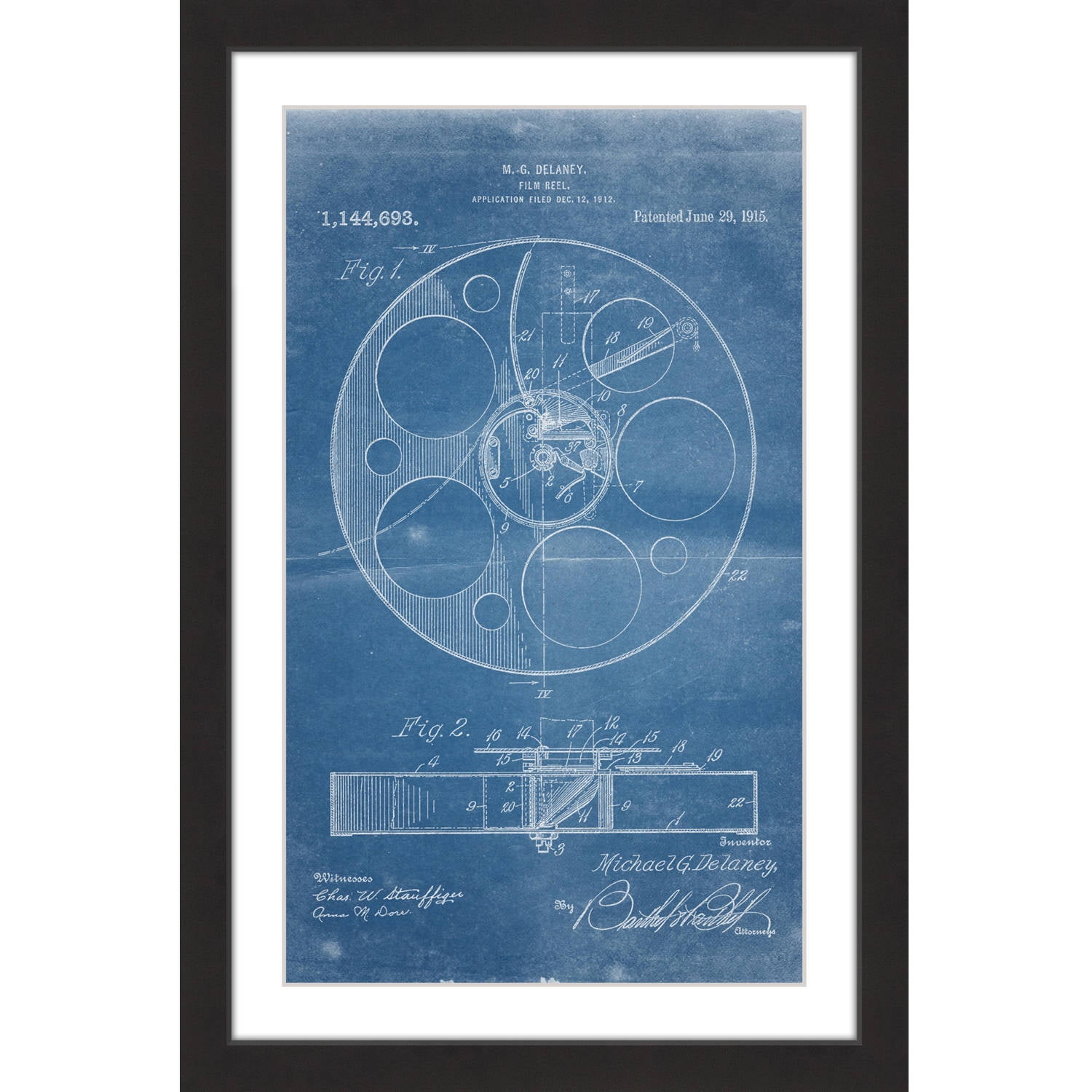 "Film Reel 1915 Blueprint" Framed Painting Art Print, 24" x 1.5"