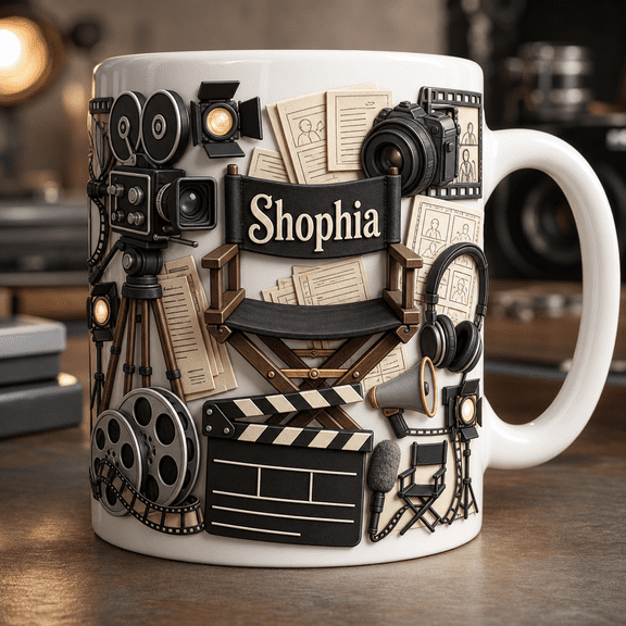 Filmmaker Mug Custom Name Gift Mug for Film Lover with Camera Gear Design