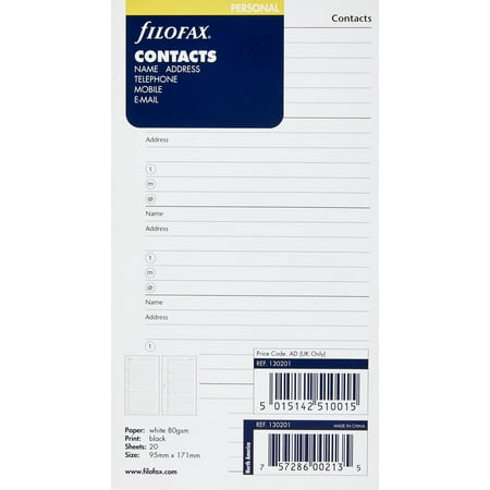 Filofax - Accessories - Personal - Contacts: Name, Address, Phone, E-mail Insert