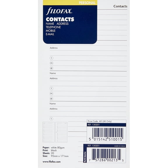 Filofax - Accessories - Personal - Contacts: Name, Address, Phone, E-mail Insert