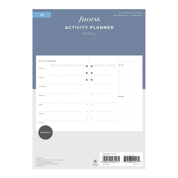 Filofax Lifestyle Refill, A5 Size, Organizer Refill, White Paper, Activity Planner, 56 Sheets (B132848)