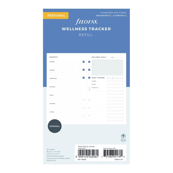 Filofax Organizer Refill, Personal Size, Wellness Trackers Pack, White Paper, 6.73" x 3.74", 56 Sheets (B132688)