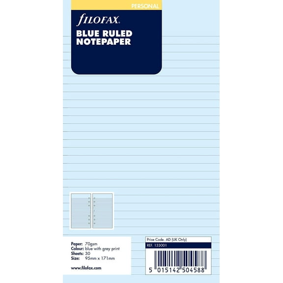 Filofax Ruled Notepaper Refill (13301) for Personal Organizers, Blue, 6.75" x 3.75" - Pack of 30 Sheets