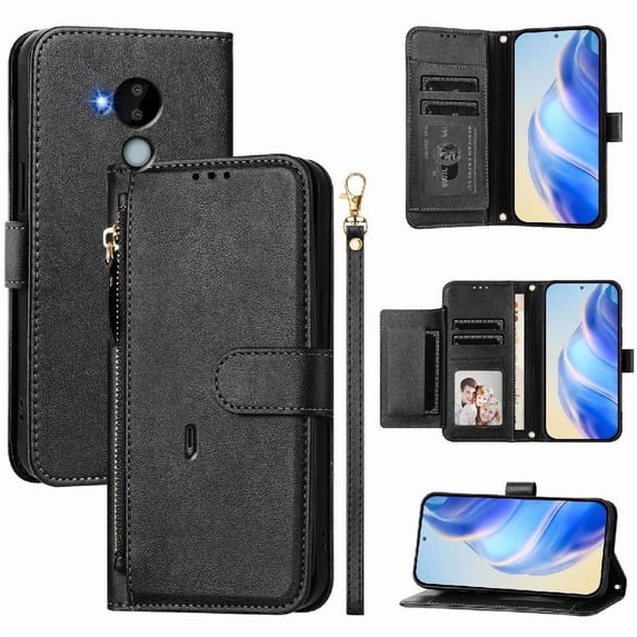 Filp Case for Nokia C30 Zipper Pocket Magnetic Flip Wallet Phone Case with 7 Card Slots and Wrist Strap