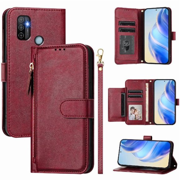 Filp Case for OPPO A32 2020 4G Zipper Pocket Magnetic Flip Wallet Phone Case with 7 Card Slots and Wrist Strap