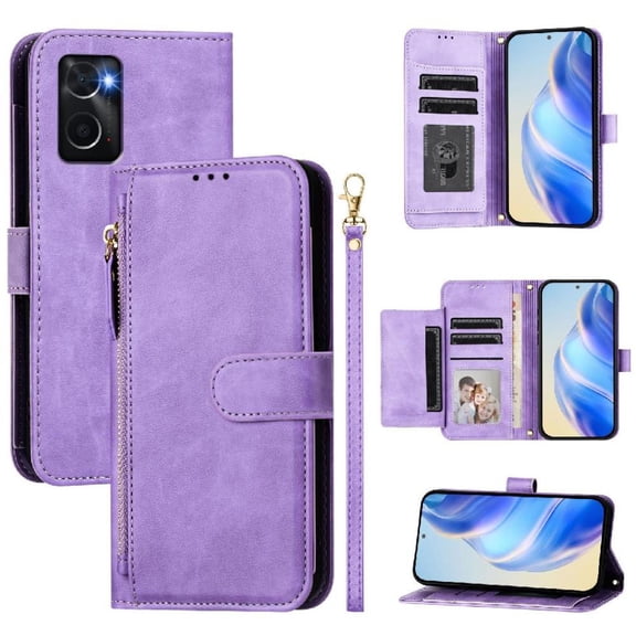 Filp Case for OPPO A96 4G Zipper Pocket Magnetic Flip Wallet Phone Case with 7 Card Slots and Wrist Strap