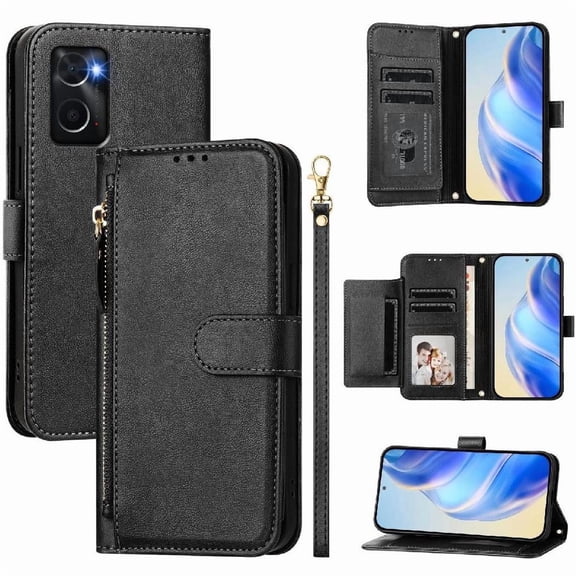 Filp Case for OPPO A96 4G Zipper Pocket Magnetic Flip Wallet Phone Case with 7 Card Slots and Wrist Strap