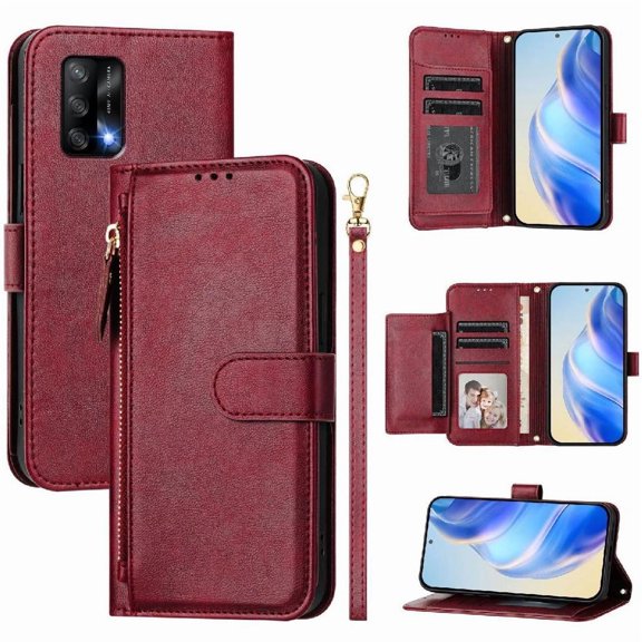 Filp Case for OPPO RENO 6 Lite Zipper Pocket Magnetic Flip Wallet Phone Case with 7 Card Slots and Wrist Strap