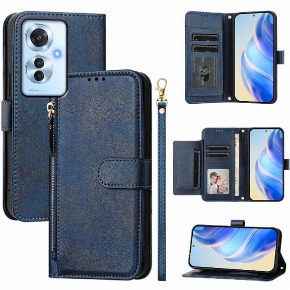 Filp Case for OPPO Reno 11F 5G Zipper Pocket Magnetic Flip Wallet Phone Case with 7 Card Slots and Wrist Strap