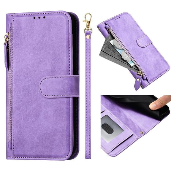 Filp Case for OPPO Reno 12F Zipper Pocket Magnetic Flip Wallet Phone Case with 7 Card Slots and Wrist Strap