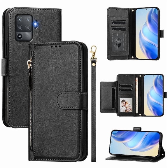 Filp Case for OPPO Reno 5 Lite Zipper Pocket Magnetic Flip Wallet Phone Case with 7 Card Slots and Wrist Strap