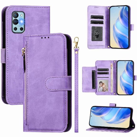 Filp Case for OnePlus 9R Zipper Pocket Magnetic Flip Wallet Phone Case with 7 Card Slots and Wrist Strap