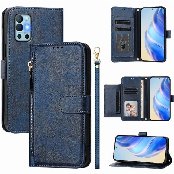 Filp Case for OnePlus 9R Zipper Pocket Magnetic Flip Wallet Phone Case with 7 Card Slots and Wrist Strap