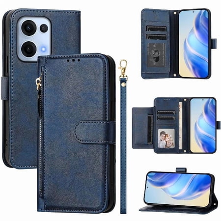 Filp Case for Oppo Reno13 Zipper Pocket Magnetic Flip Wallet Phone Case with 7 Card Slots and Wrist Strap