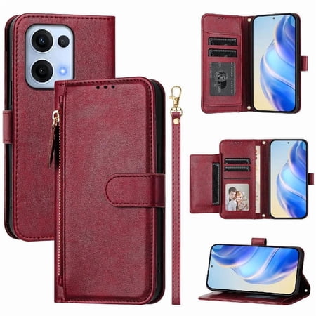 Filp Case for Oppo Reno13 Zipper Pocket Magnetic Flip Wallet Phone Case with 7 Card Slots and Wrist Strap
