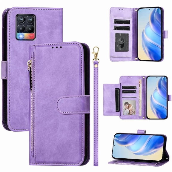Filp Case for REALME 8 PRO 4G Zipper Pocket Magnetic Flip Wallet Phone Case with 7 Card Slots and Wrist Strap