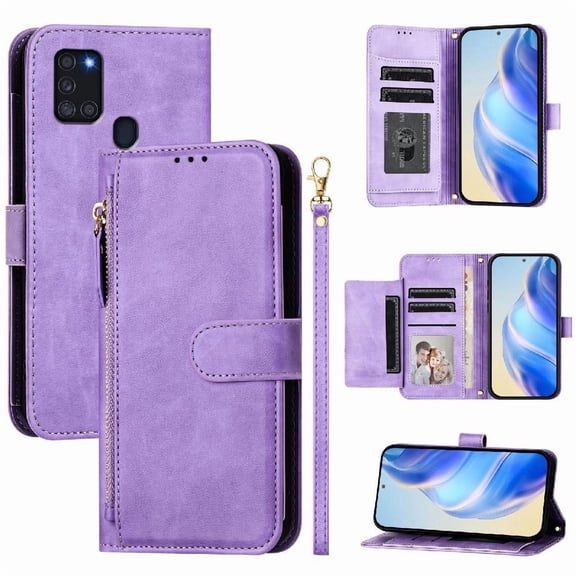 Filp Case for Samsung Galaxy A21S Zipper Pocket Magnetic Flip Wallet Phone Case with 7 Card Slots and Wrist Strap