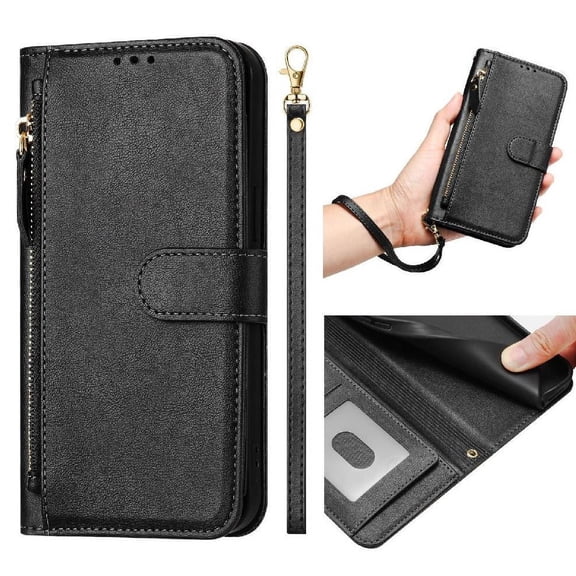 Filp Case for Samsung Galaxy A3 2017 Zipper Pocket Magnetic Flip Wallet Phone Case with 7 Card Slots and Wrist Strap